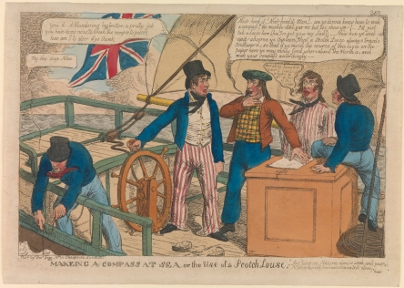 Note the tartan waistcoat and distinctive Scotch bonnet worn by the caricatured Scottish sailor at center in, Williams, Charles, ‘Makeing a Compass at Sea, or the Use of a Scotch Louse (caricature) ’ Tegg, Thomas (publisher), London, 1812, National Maritime Museum, Greenwich, #PAG8606. Available at: http://collections.rmg.co.uk/collections/objects/127881.html Accessed: 18/11/2015