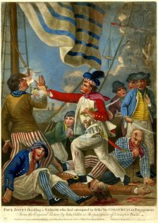 Note the flamboyant slop clothing of the sailors depicted at left and right, as well as the distinctive Kilmarnock cap worn by (Scottish) Captain John Paul Jones in, Carington Bowles, (after John Collet), ‘Paul Jones shooting a sailor who had attempted to strike his colours in an engagement', 1779, British Museum, London, # 1935,0522.1.7. Available at: http://www.britishmuseum.org/research/collection_online/collection_object_details.aspx?objectId=1638085&partId=1&people=128836&peoA=128836-2-23&page=1